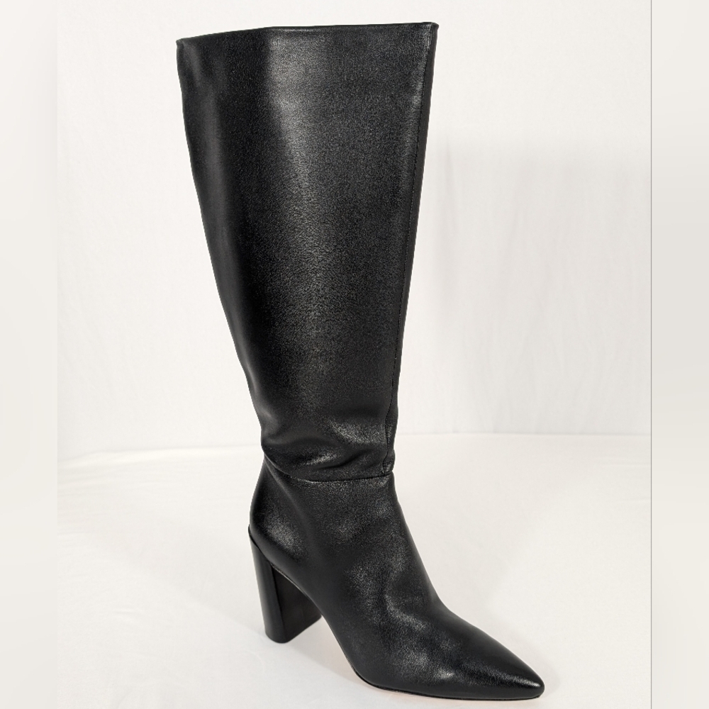 NWT Vince Wide Calf Black Leather Full Zip Knee High Boots Size 9 1/2